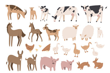 domestic animals clipart, farm life svg png ai illustrations, farmer flat vector style, chicken, sheep, goat, rabbit, cow, horse, duck, donkey, pig, goose