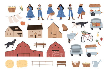 farm animals clipart, farm life svg png ai illustrations, farmhouse background png, cartoon characters flat vector style, - obrazy, fototapety, plakaty