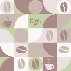 Coffee seamless background for textiles and wallpapers with geometric shapes. Fashionable template for a screensaver in brown tones with a texture of squares and hearts.