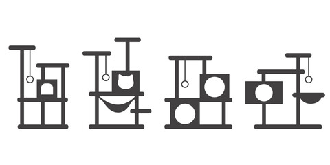 Cat tree with house. Tower and scratching post. Pets furniture. Set of vector icons isolated on white background.