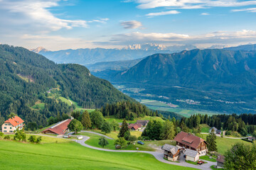 Fresach village above Drava river valley in Nock Mountains, Gurktal Alps in the Austrian state of...