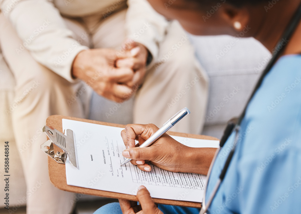 Wall mural Nurse, clipboard and medical checklist with patient for healthcare, life insurance or hospital service. Closeup doctor writing notes, consulting and report documents of surgery, test results and data