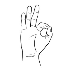 Hand gesture, fingers folded in a gesture ok, sign of approval, consent. Black and white hand drawn illustration