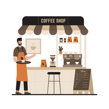 Vector illustration of street coffee shop with barista making coffee. Illustration for website, landing page, mobile app, poster and banner. Trendy flat vector illustration