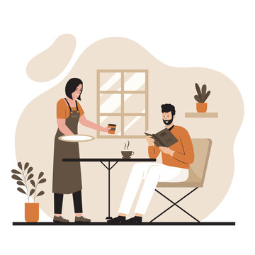Vector illustration of people reading book in coffee shop. Illustration for website, landing page, mobile app, poster and banner. Trendy flat vector illustration
