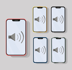 Set of mobile phone with volume. Mobile phone design in gold, silver, blue, red and black.  Vector illustration