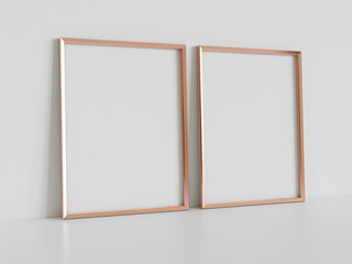 Two golden frames leaning on white floor in interior mockup. Template of pictures framed on a wall 3D rendering