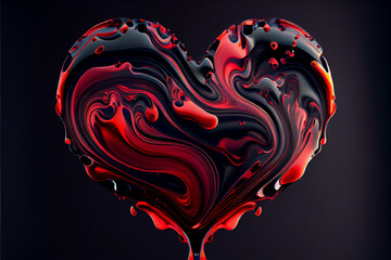 Abstract Couple Heart Shape illustration in Red and Black Liquid Oil Painting Colors Tone, Generative Ai Valentine Day Concept