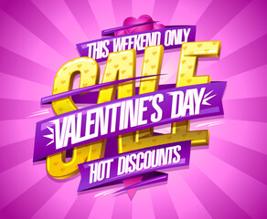 Valentine's day sale, hot discounts, golden lettering advertising poster or web banner design
