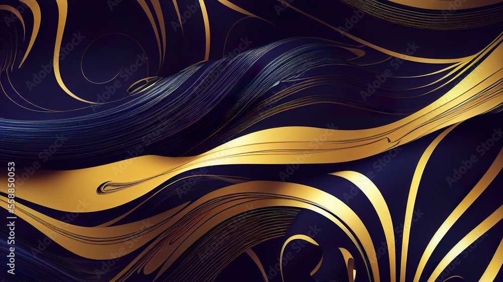 Poster abstract wavy blue wallpaper with golden lines. waves background with curvy details. background with