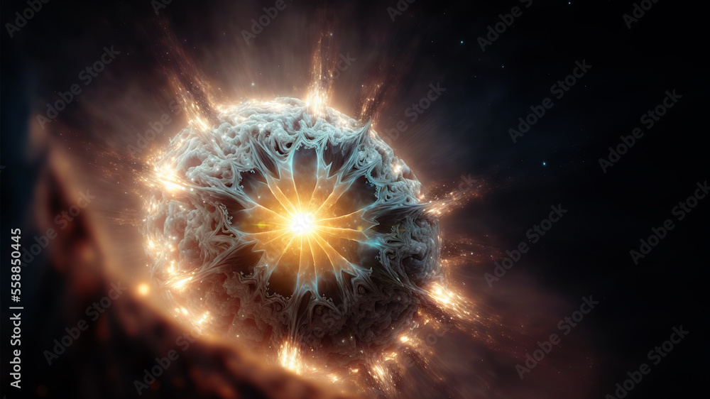 Poster view of the birth of a star in space during a nebula explosion. nuclear fusion of cosmic clouds of g