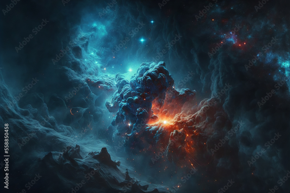 Poster Large view of a colorful dark blue nebula in space. Cosmic background with bright shining stars, galaxies and deep universe. Generative ai