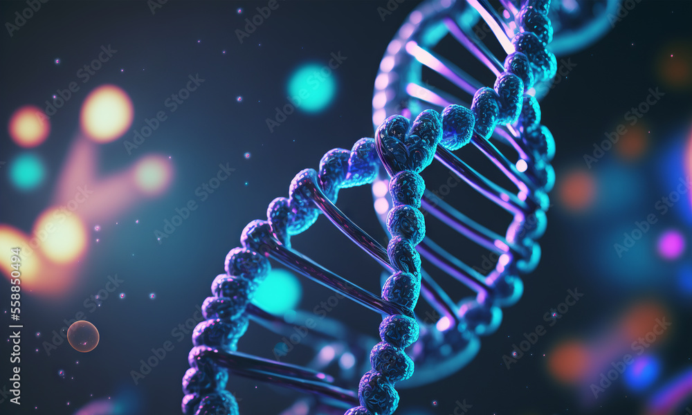 Aufkleber Concept of the evolution of human DNA in the distant future. View under the microscope. Blue helix background close-up. Generative ai
