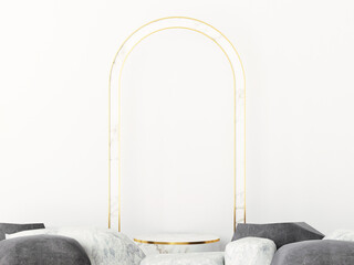 marble display podium mockup nature concept. scene with stone, rock, gold object and white background, white product display, luxury 3d render. stand for gift, showcase, cosmetic, podium product.