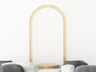 wood display podium mockup nature concept. scene with stone, rock, gold object and white background, white product display, luxury 3d render. stand for gift, showcase, cosmetic, podium product.