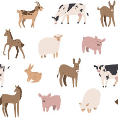 farm seamless pattern with domestic animal, country life digital paper, Vector illustration clipart in flat cartoon style