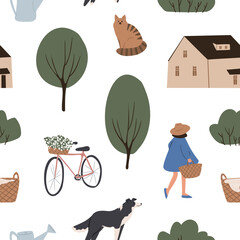 farm seamless pattern with domestic animal, country life digital paper, Vector illustration clipart in flat cartoon style