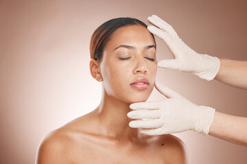 Plastic surgery, woman and doctor hands check face for botox, beauty implant and makeup cosmetics....