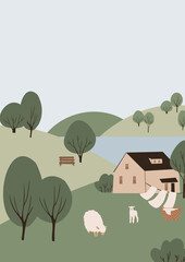 Printable farm life scenery poster, farm landscape illustration, farmhouse background clipart, cottage clip art, vector in flat style