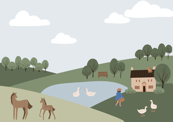 Printable farm life scenery poster, farm landscape illustration, farmhouse background clipart, cottage clip art, vector in flat style © lyubovzaytseva