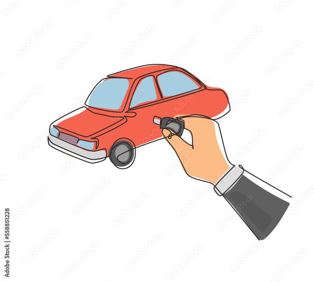 Poster single continuous line drawing hand turning the key in the hole on the car door. man uses key to ope