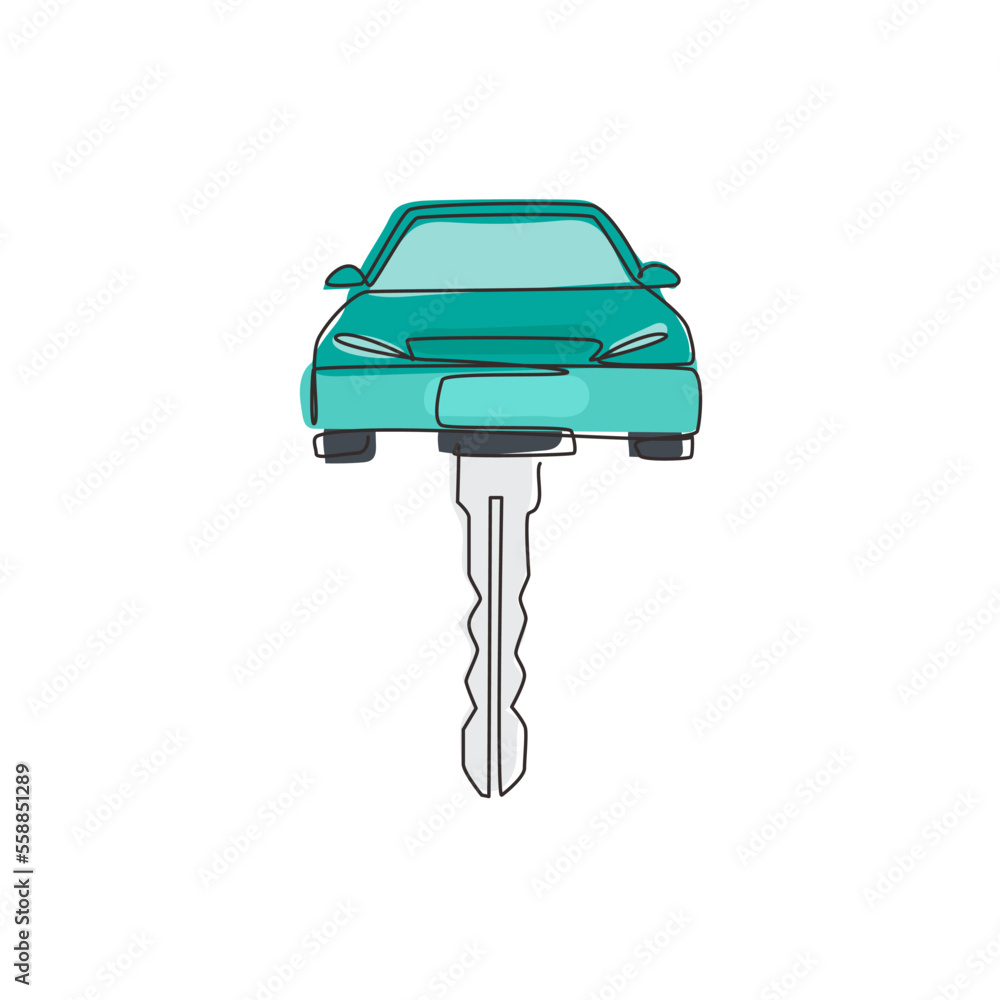Poster single one line drawing car shaped car key. keyring and remote control key in vehicle interior. elec
