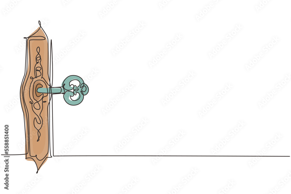 Aufkleber continuous one line drawing old key in keyhole. gothic style. key to knowledge. concept and idea for