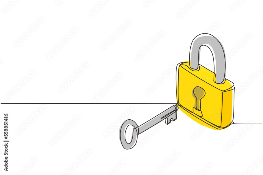 Poster single continuous line drawing lock and key, isometric image. key and lock. safety lock with key ico
