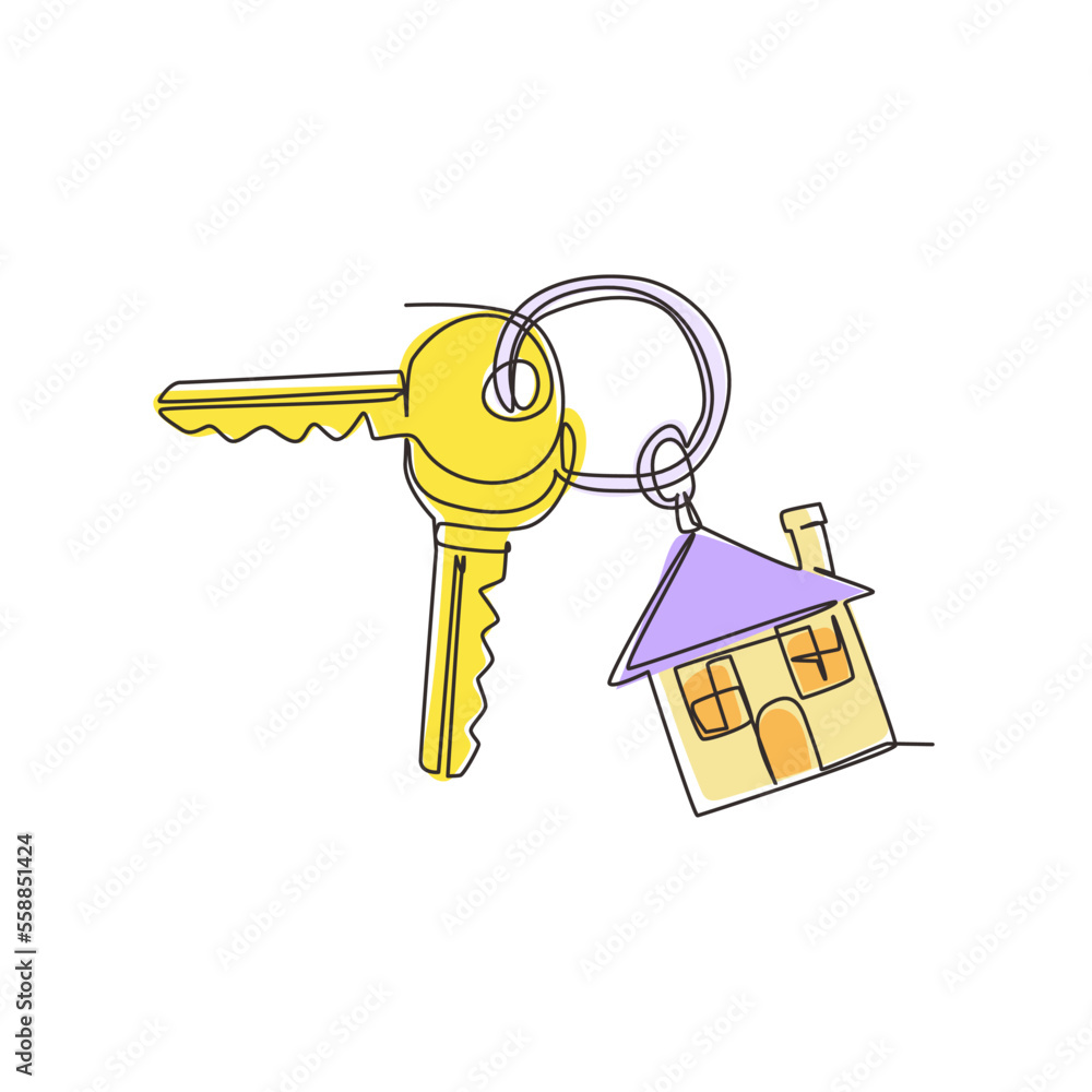 Aufkleber single continuous line drawing keychain with key ring, two keys and a pendant house locket. key chai