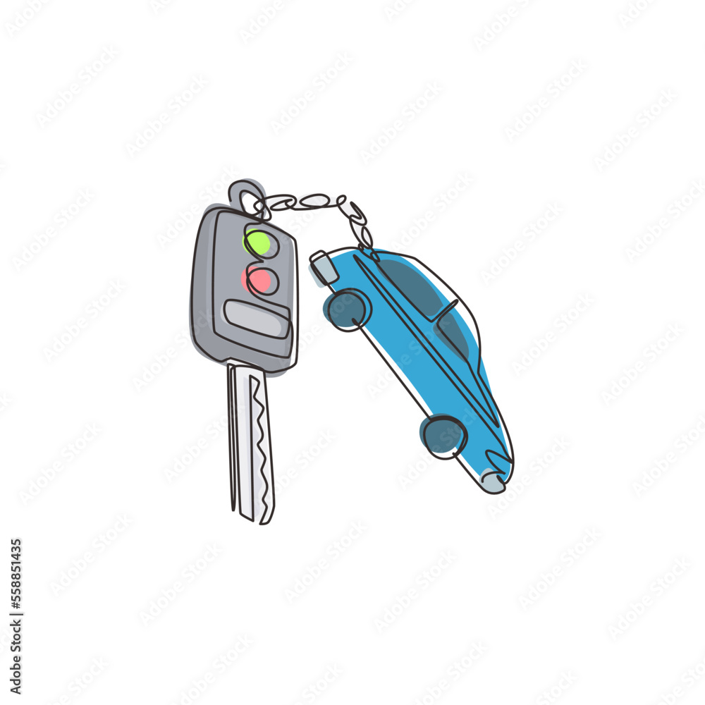 Poster single one line drawing key car and key ring over the metallic table. clipping path included. electr