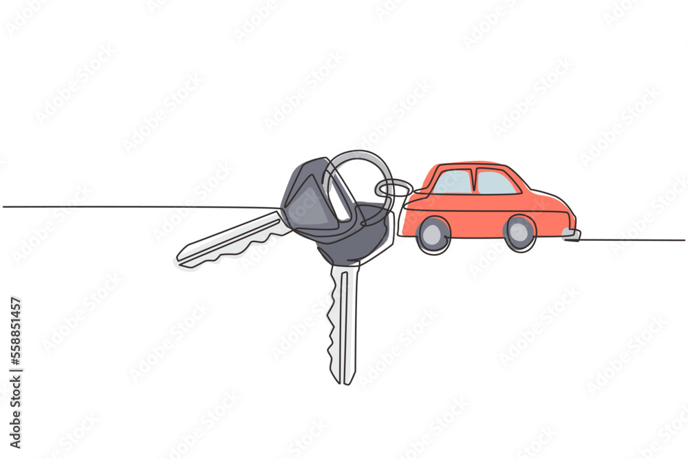 Poster single one line drawing keys with car shaped key holders. keychain with key ring, two keys and penda