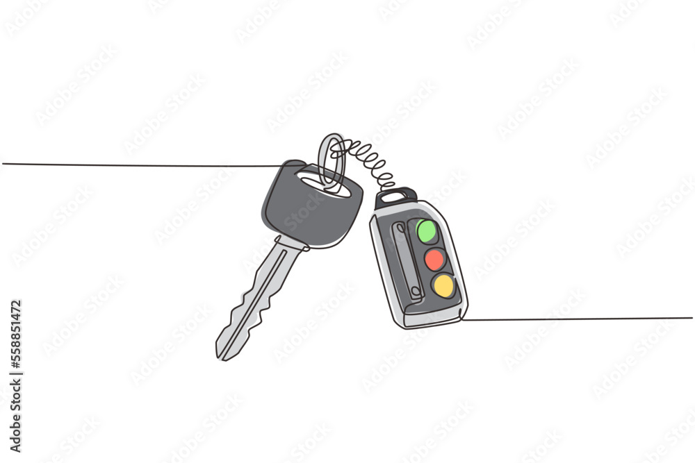 Poster continuous one line drawing realistic car keys black color isolated on white background. set of elec