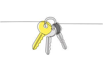 Single continuous line drawing three keys from apartment. House apartment rental for sale. The concept of privacy, security and protection. Dynamic one line draw graphic design vector illustration