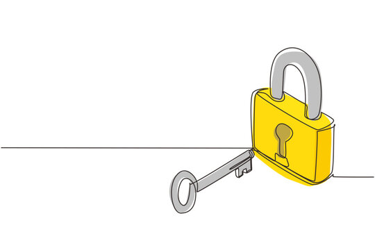 Single continuous line drawing lock and key, isometric image. Key and lock. Safety lock with key icon image. Success, solution, opportunity and safety concept. One line draw graphic design vector