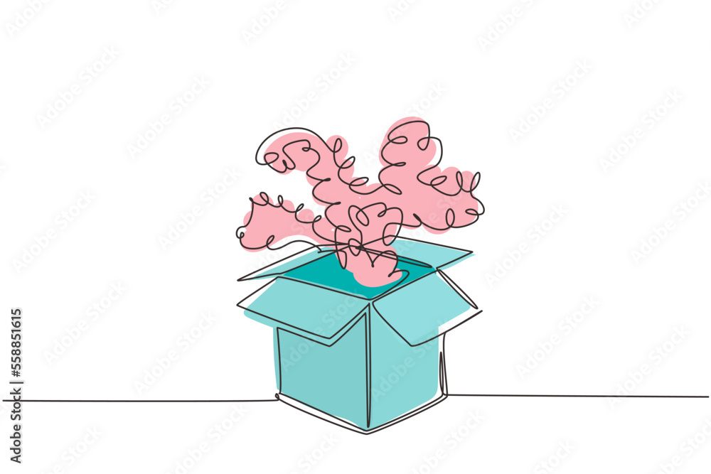 Poster single continuous line drawing open gift box and confetti. enter to win prizes. present package with