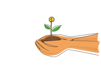 Fototapeta na wymiar Single continuous line drawing hand holding sprout a money tree on nature field. Money tree investment growth income interest savings economy funds stock market. One line draw graphic design vector