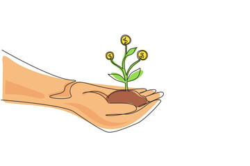 Fototapeta na wymiar Continuous one line drawing close up image of human hands holding sprout of money tree. Concept of earnings, success in work, money, and investment. Single line draw design vector graphic illustration