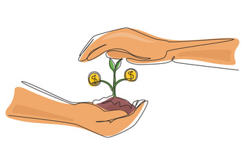 Fototapeta na wymiar Single one line drawing hand holding money tree on nature field. Growing money tree. Concept for return money saving and investment. Modern continuous line draw design graphic vector illustration