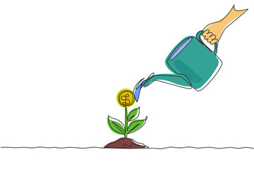 Continuous one line drawing hand holding watering can watering money plant at ground. Hand of businessman who pours money tree. Concept of earnings, success, money. Single line draw design vector © Simple Line