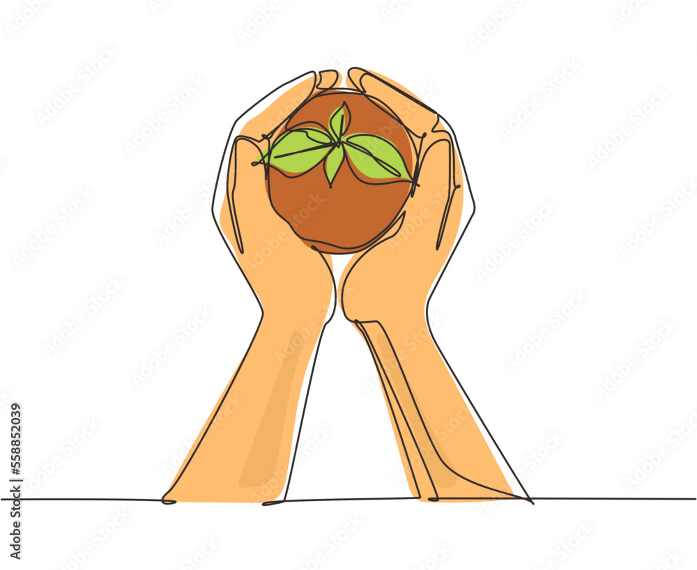 Poster continuous one line drawing two hands carrying bag of potting seedlings to be planted into soil. env