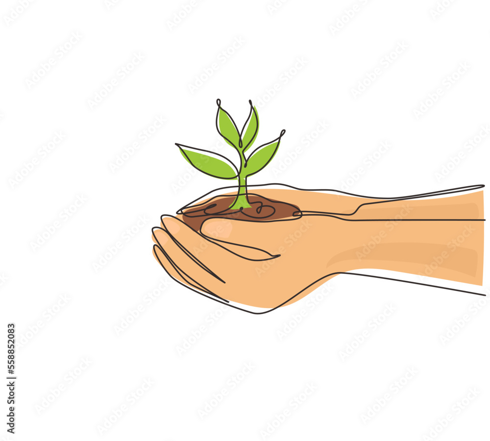 Poster continuous one line drawing environment earth day in the hands of trees growing seedlings. hand hold