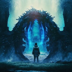 Person standing in front of portal in mountain at night AI