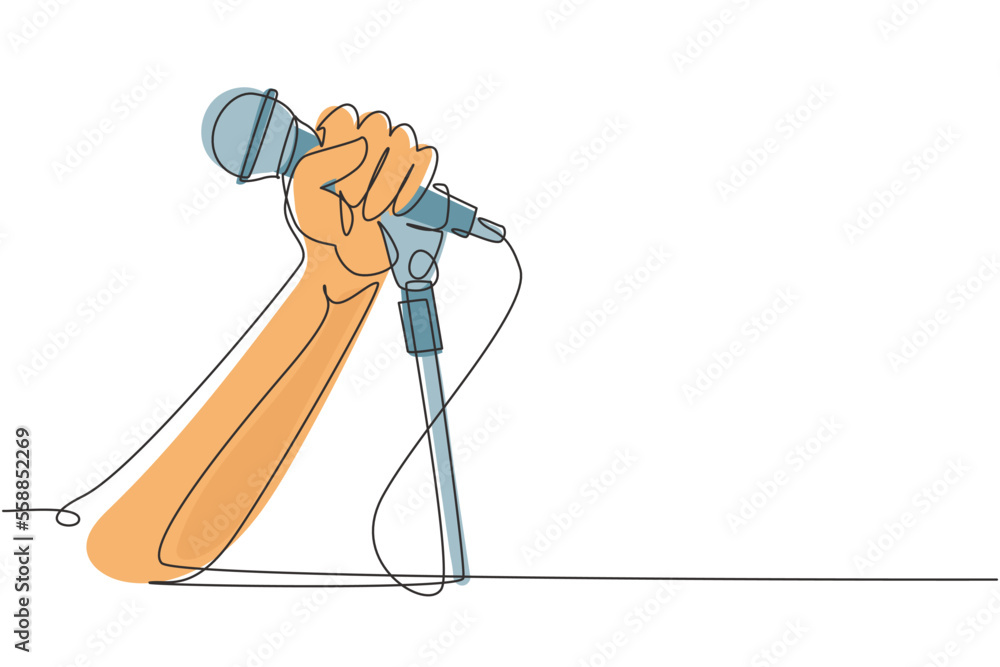 Poster continuous one line drawing singer using microphone. karaoke people sings the song to microphone. st