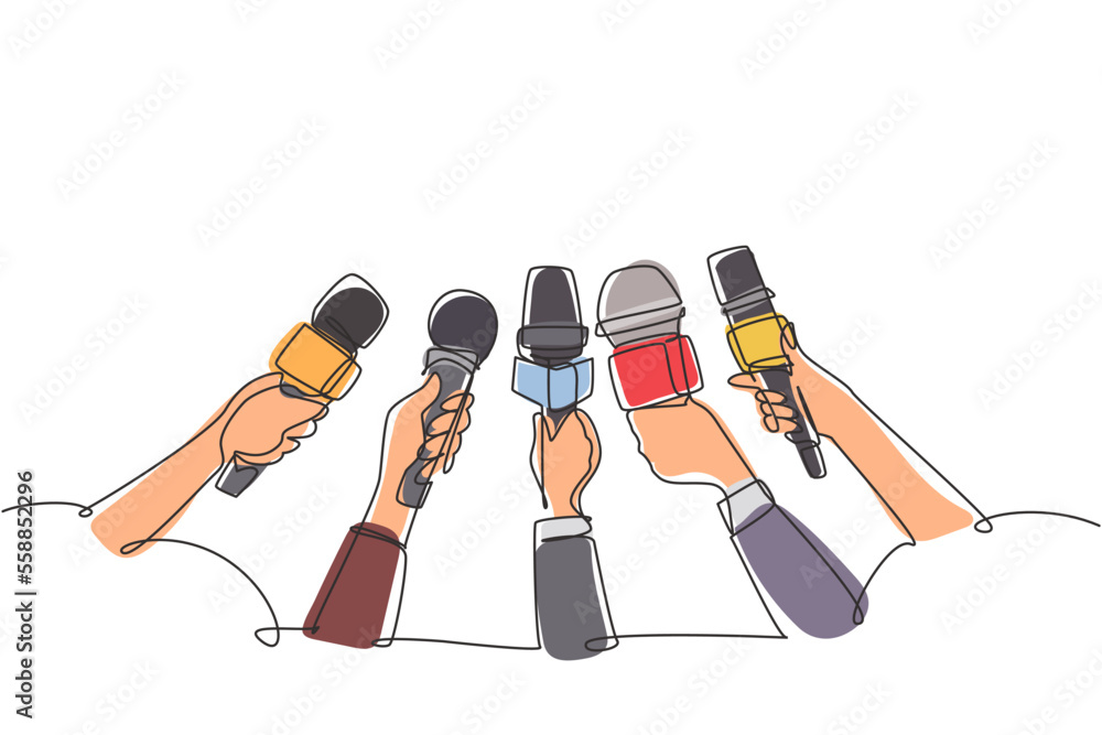 Poster single one line drawing interview concept with microphones on white background. newsmakers and inter