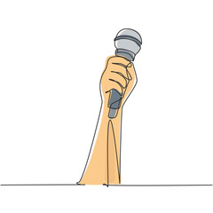 Continuous one line drawing female hand holding microphone isolated on white background, clipping path. Karaoke people sings the song to microphone. Single line draw design vector graphic illustration