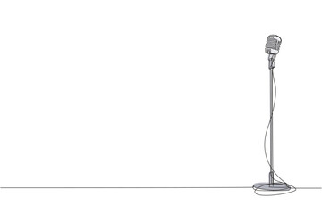 Single continuous line drawing vintage microphone isolated on white background. Old technology stand microphone for singer at classic musical show. One line draw graphic design vector illustration
