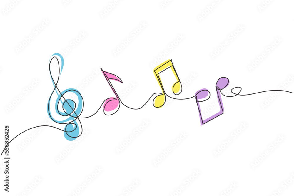 Poster continuous one line drawing abstract music note background, notes vector illustration. outline sketc