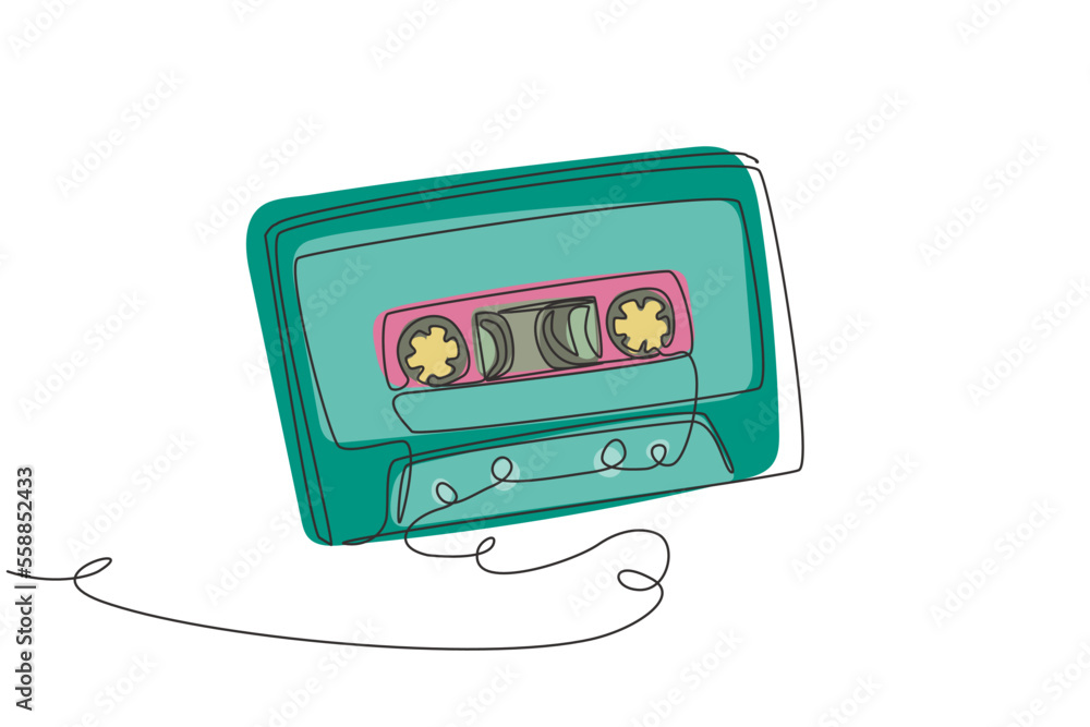 Poster single continuous line drawing retro compact tape cassette. vintage music icon audio cassette tape e