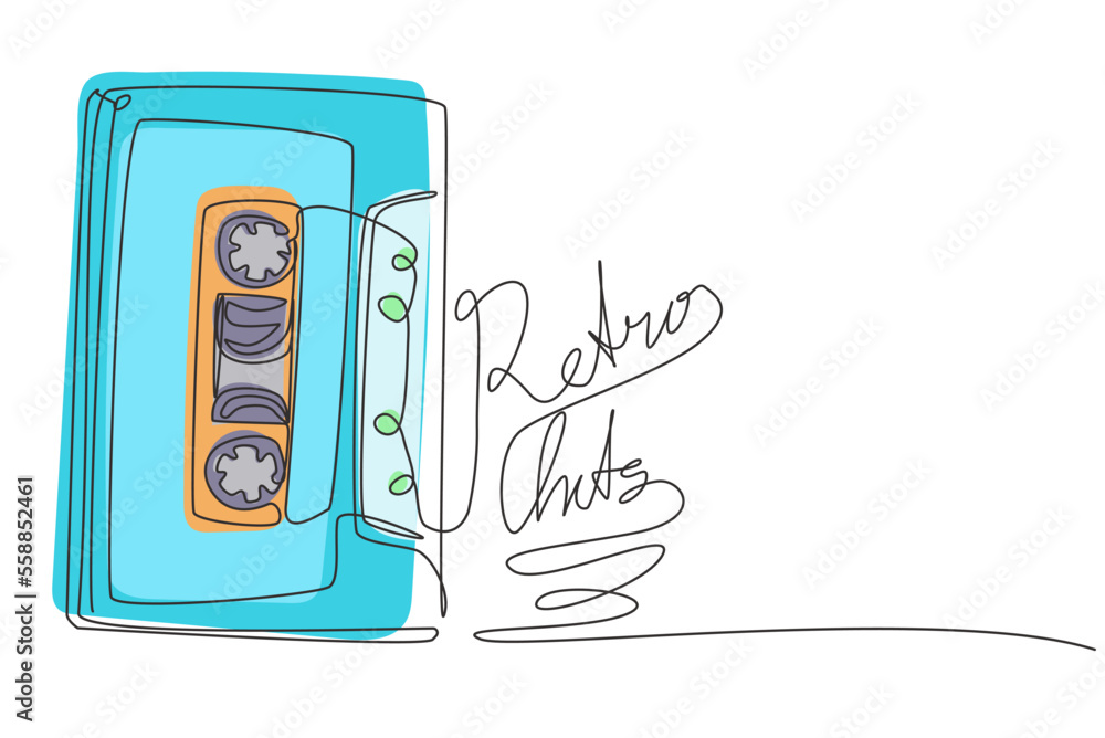 Poster continuous one line drawing vector illustration of tape spelling the word retro party. mix tape easy