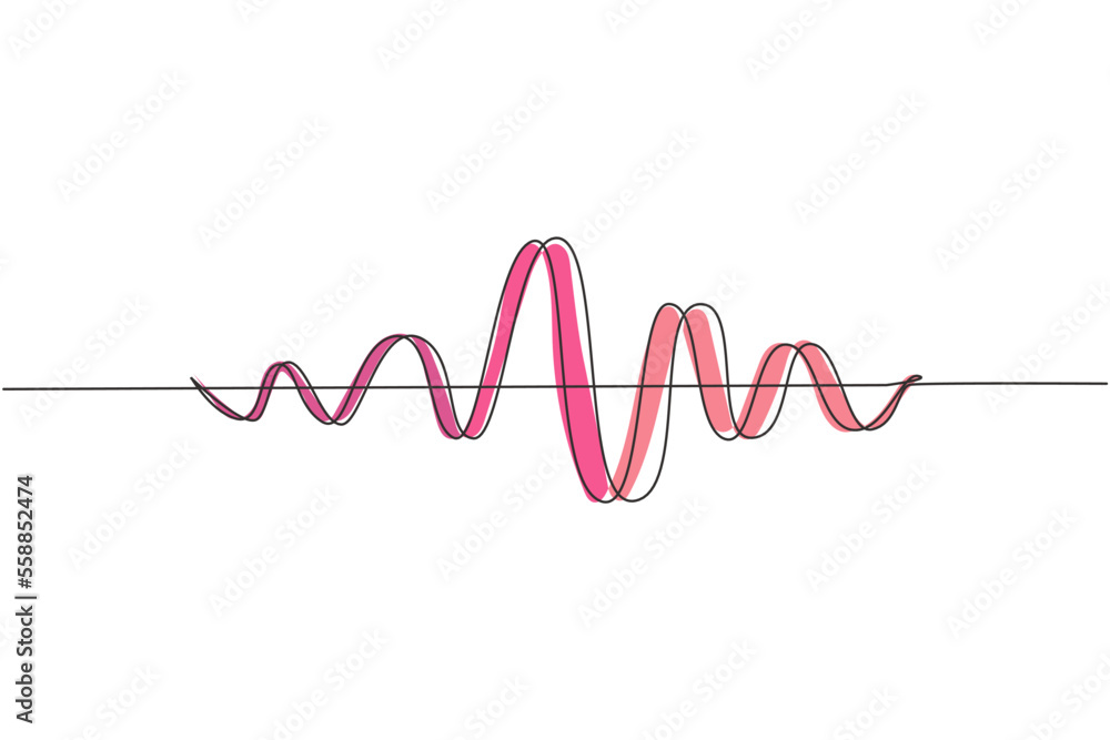Poster single continuous line drawing black sound waves. music audio frequency, voice line waveform, electr